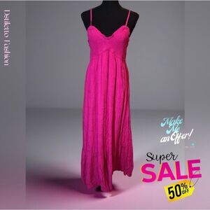 💞 Gigio fuchsia pink smocked spaghetti strap embroidered floral maxi dress small